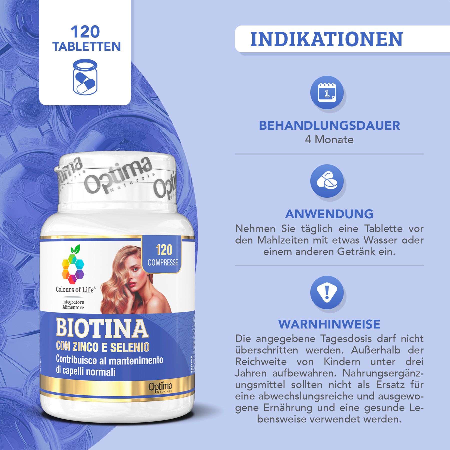 Biotina Flasche mit 120 Tabletten, Anwendungshinweise und Warnhinweise.