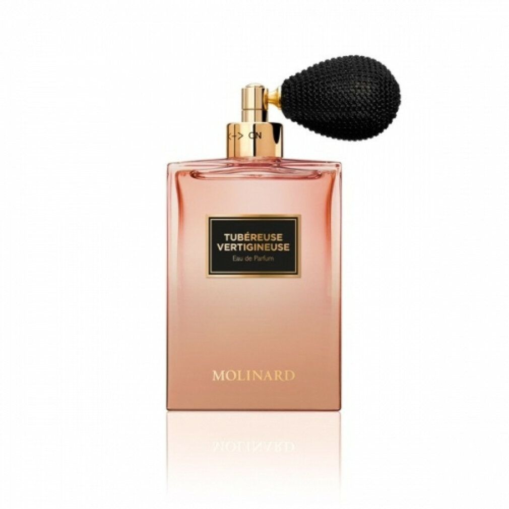 Parfümflakon mit schwarzem Zerstäuber. Rechteckige Form, goldfarbener Verschluss. Aufschrift: TUBÉREUSE VERTIGINEUSE Eau de Parfum, MOLINARD.