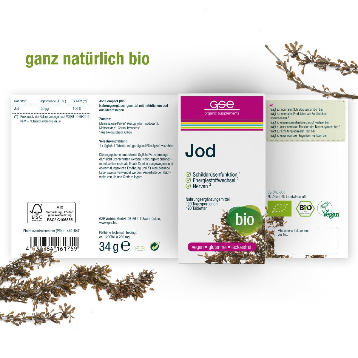 Geöffnete Produktverpackung mit "Jod" und "bio" Label. Text: 120 Tabletten.  GSE Logo.  Vegan, glutenfrei, lactosefrei.  34g.