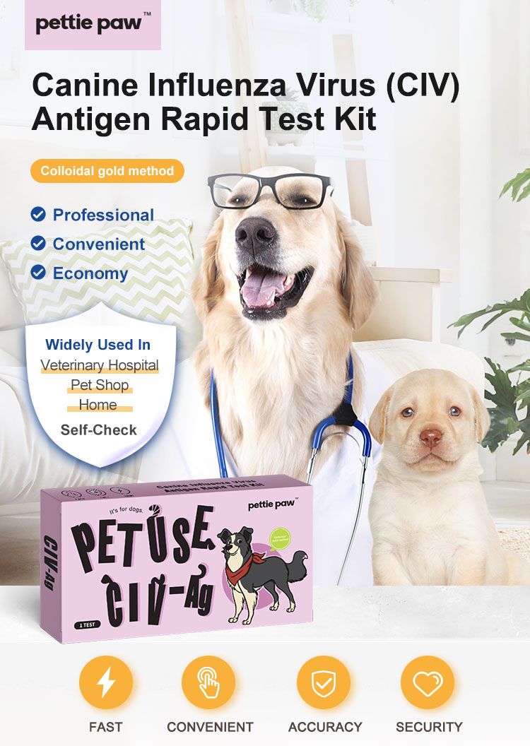 Verpackung von 'Pettie Paw' für Hunde-Influenzavirus-Antigen-Schnelltest. Mit Hund, Brille und Welpen.