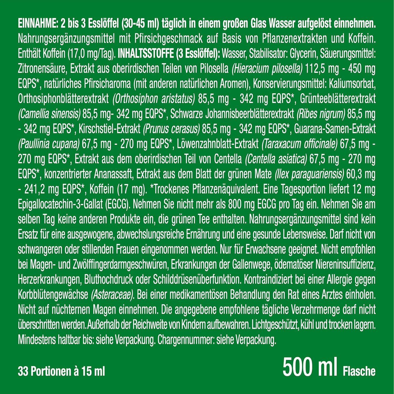 Text über Inhaltsstoffe, Dosierung und Warnhinweise. Flasche mit 500 ml. 33 Portionen à 15 ml.