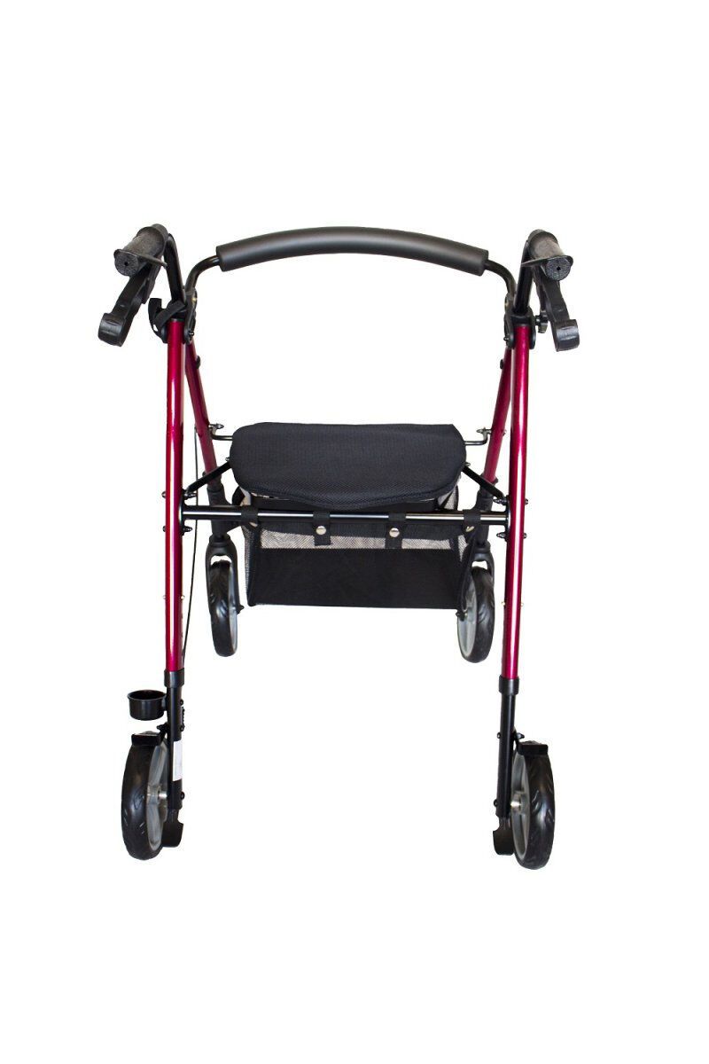 Rollator, rot, mit schwarzem Sitz und Korb. Vier Räder, Handgriffe und Bremsen. Ansicht von vorne.