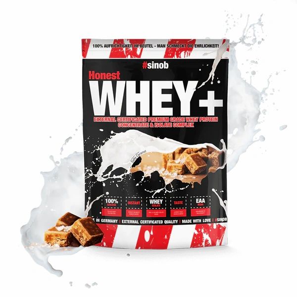 Sinob Honest Whey+ Proteinpulver-Beutel. Schwarzer Beutel mit roter und weißer Grafik. Enthält Protein-Konzentrat. #sinob und Whey+ Schriftzug.
