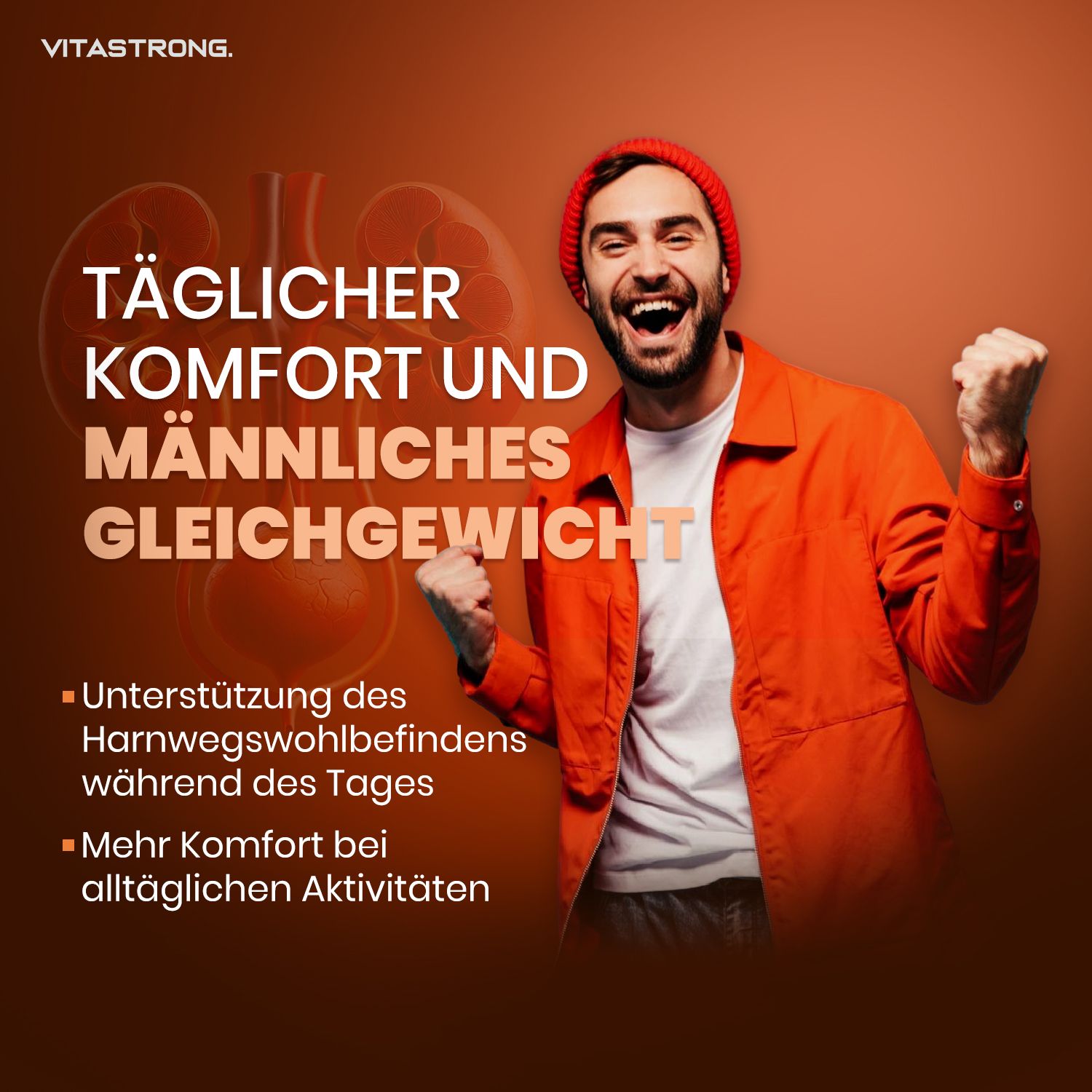 Mann mit roter Mütze und Jacke, jubelt. Text: Täglicher Komfort und männliches Gleichgewicht.