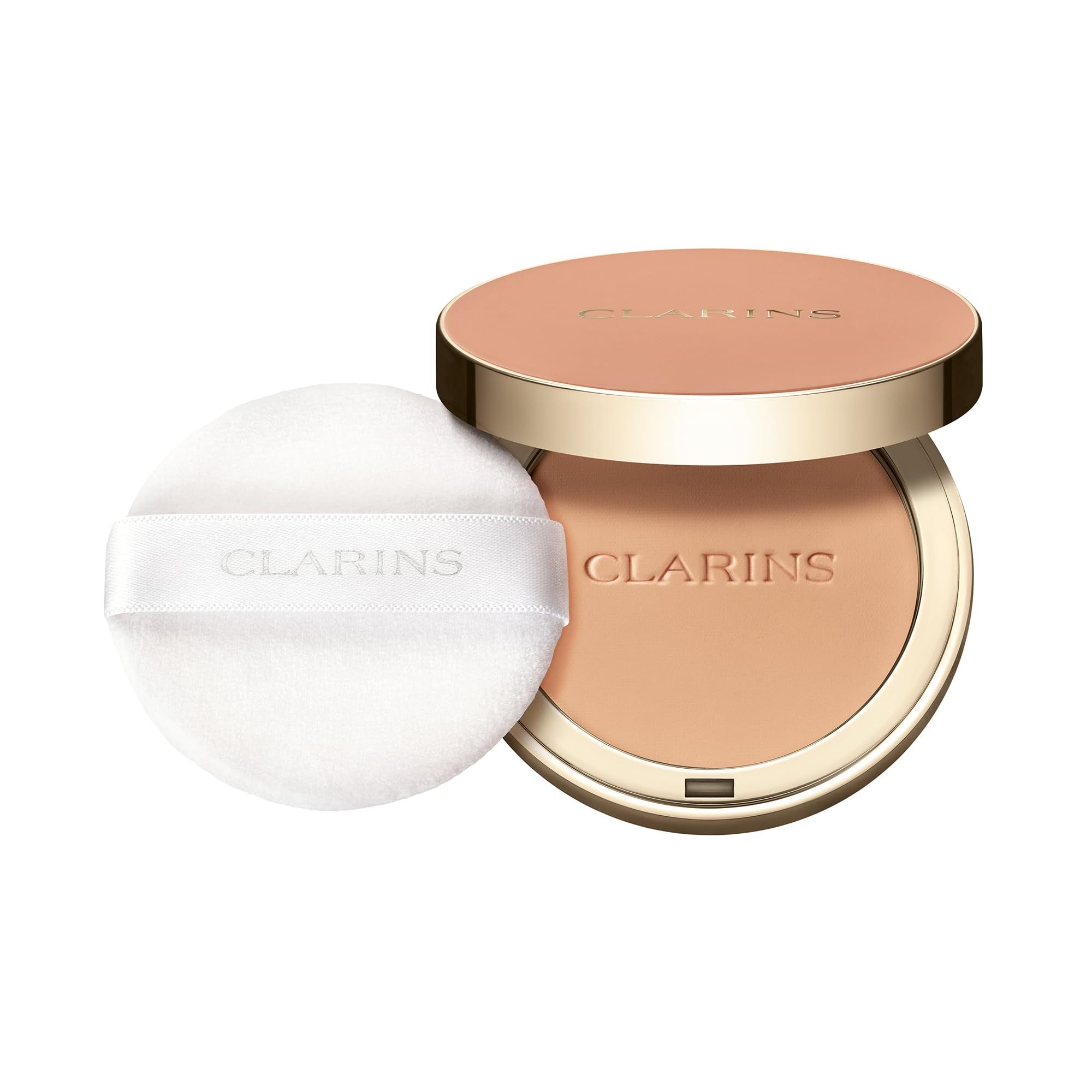 Kompaktpuder mit Deckel und Puderquaste. CLARINS-Logo auf Puder und Quaste. Runde Form, goldener Rand.