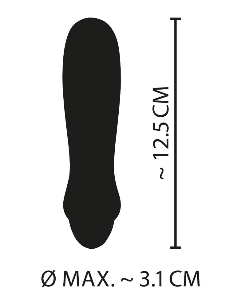 Abbildung eines lila Mini-Vibrators mit Längenangabe von ca. 12,5 cm und maximalem Durchmesser von 3,1 cm.