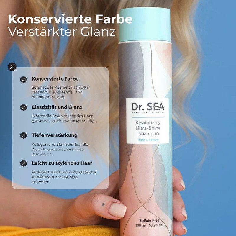Flasche mit Produktnamen und Marke: Dr. SEA. Text: Revitalizing Ultra-Shine Shampoo. Hand hält Flasche vor blauem Hintergrund mit Text.