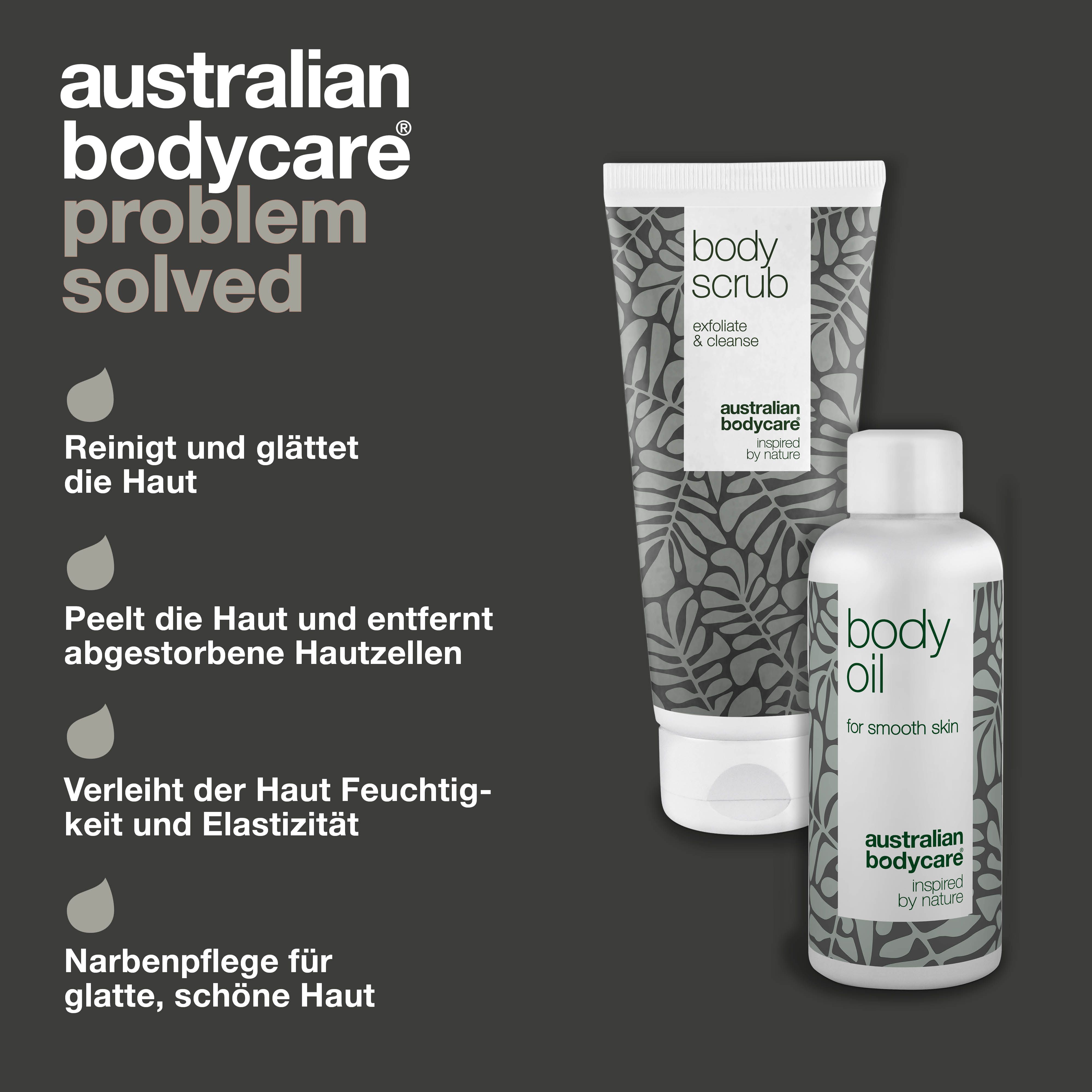 Problem gelöst. Produkte und Vorteile. Aufschrift: Body Scrub, Body Oil, Australian Bodycare.