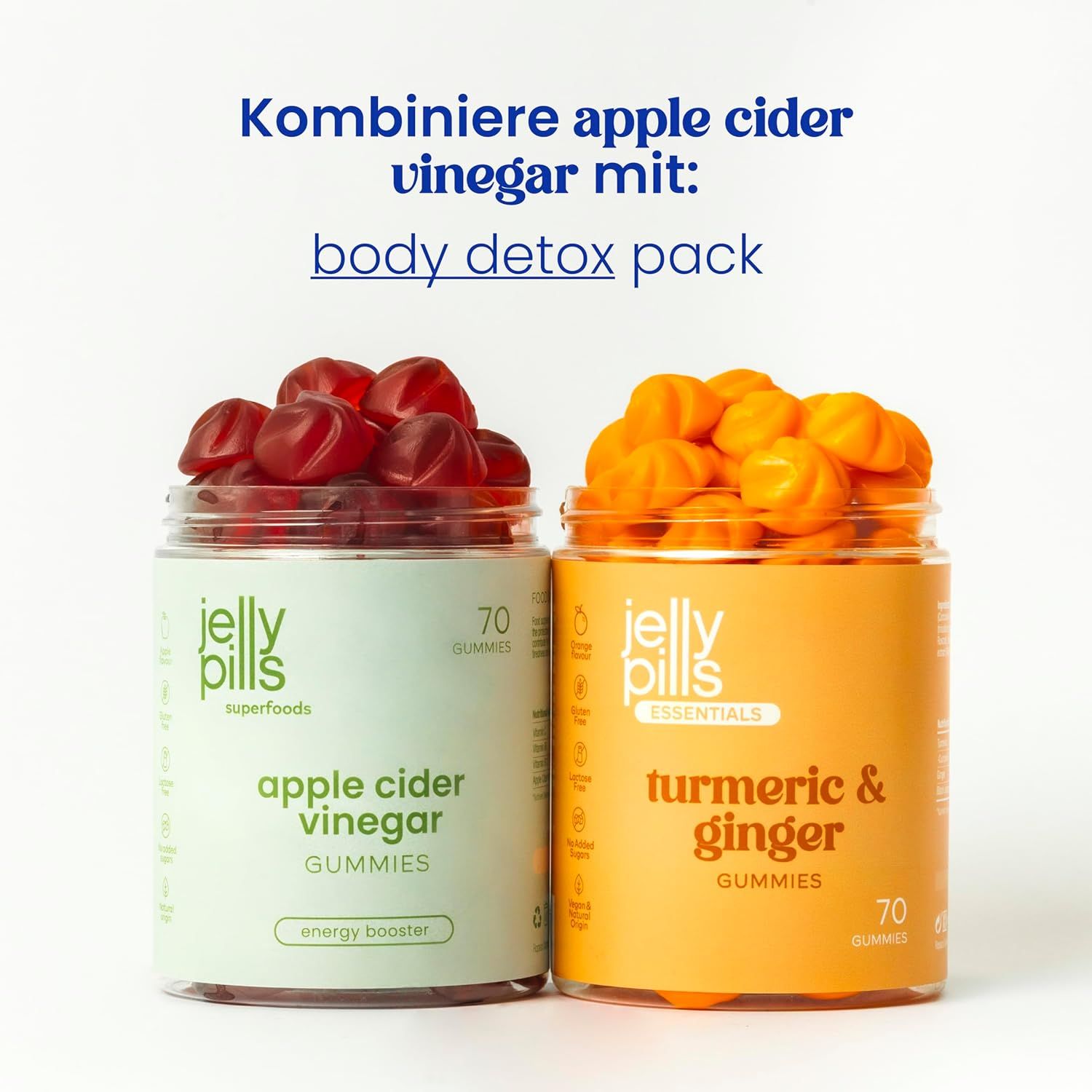 Zwei Dosen Gummibärchen. Eine mit Apfelessig, eine mit Kurkuma & Ingwer. Aufschrift: Jelly Pills, 70 Gummies. Kombinierbar mit Body Detox Pack.