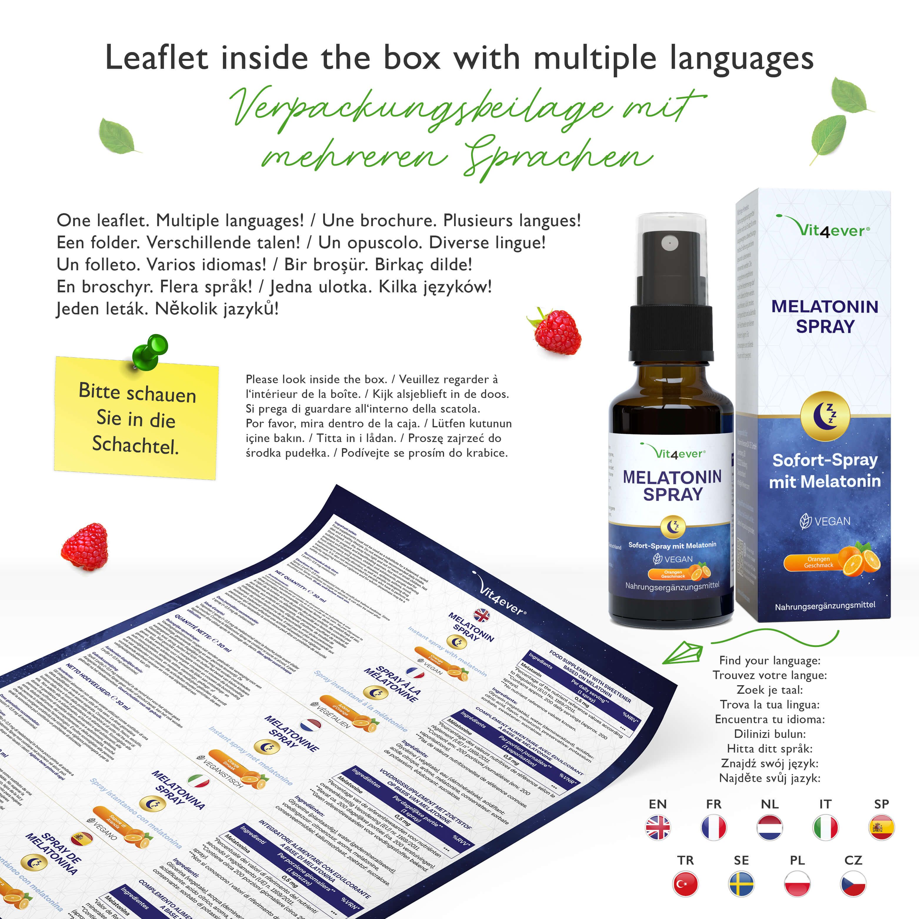 Produktverpackung mit Beipackzettel in mehreren Sprachen. Enthält eine Flasche Melatonin Spray und eine Schachtel. Mehrsprachige Informationen.