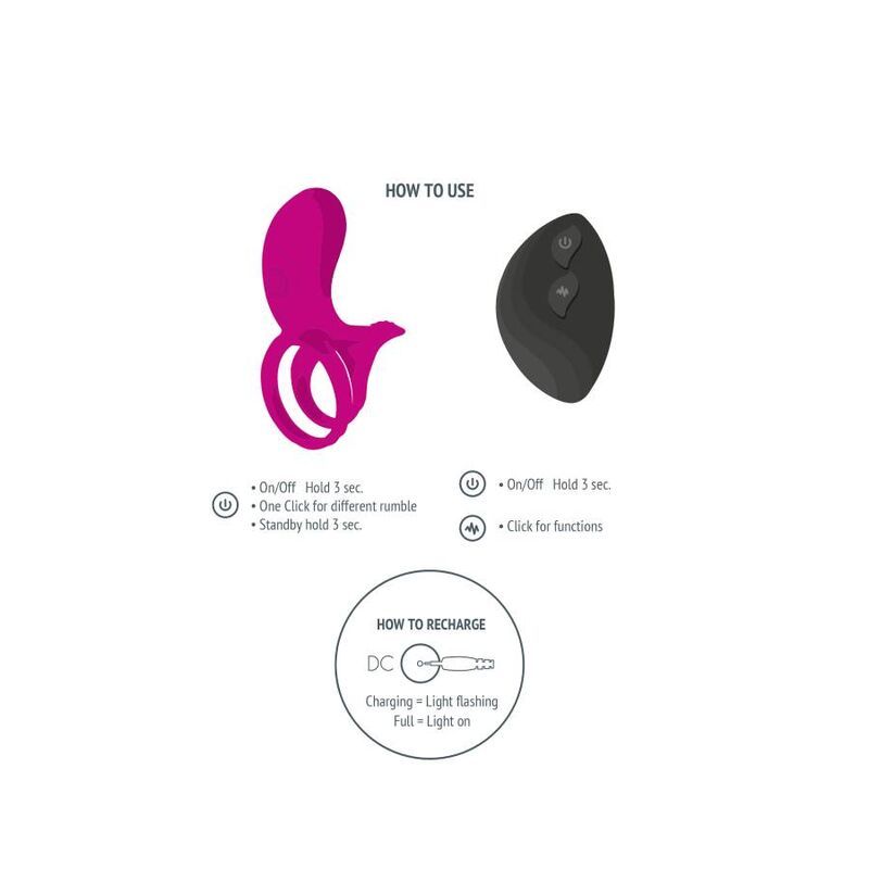 Produkt und Fernbedienung. Der lila Paar-Stimulationsring und eine schwarze Fernbedienung mit zwei Knöpfen. Anweisungen zum Aufladen sind ebenfalls abgebildet.