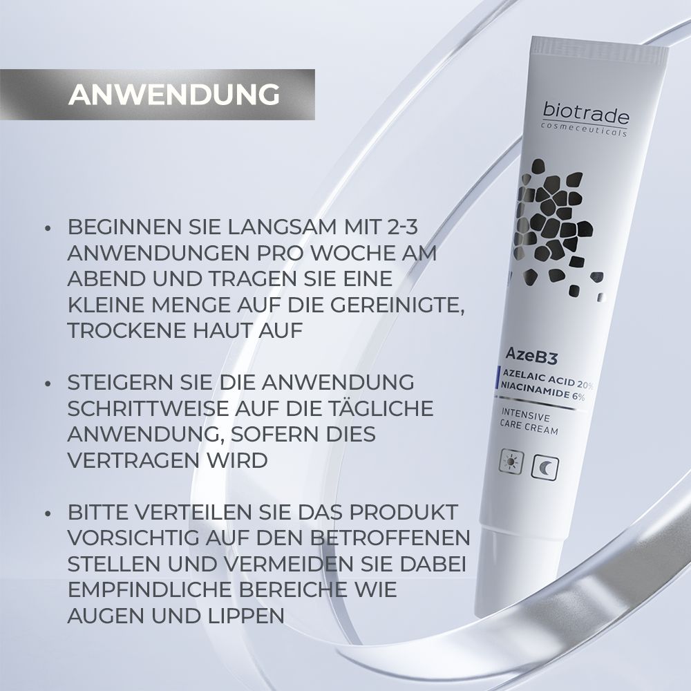 Weiße Tube mit Produktinformationen. Text: AzeB3 Intensivpflegecreme. Enthält Azelainsäure und Niacinamid. Aufschrift: Biotrade.