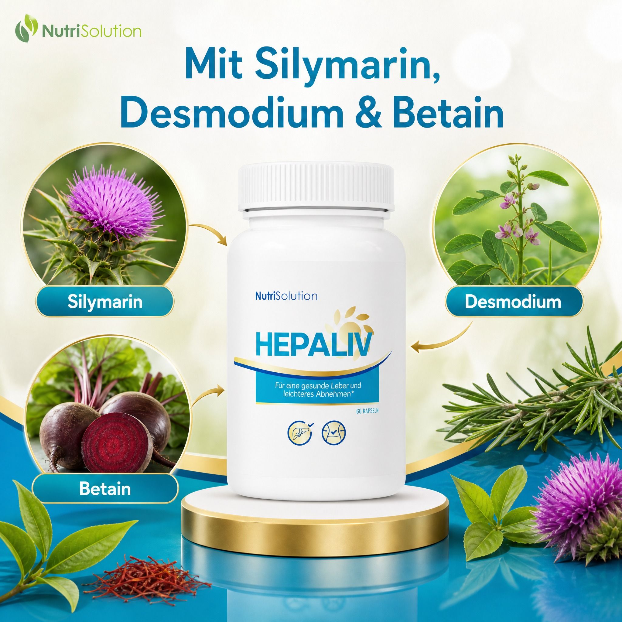 NutriSolution Hepaliv-Flasche umgeben von Mariendistel, Desmodium und Roter Bete. Enthält Silymarin, Desmodium & Betain.