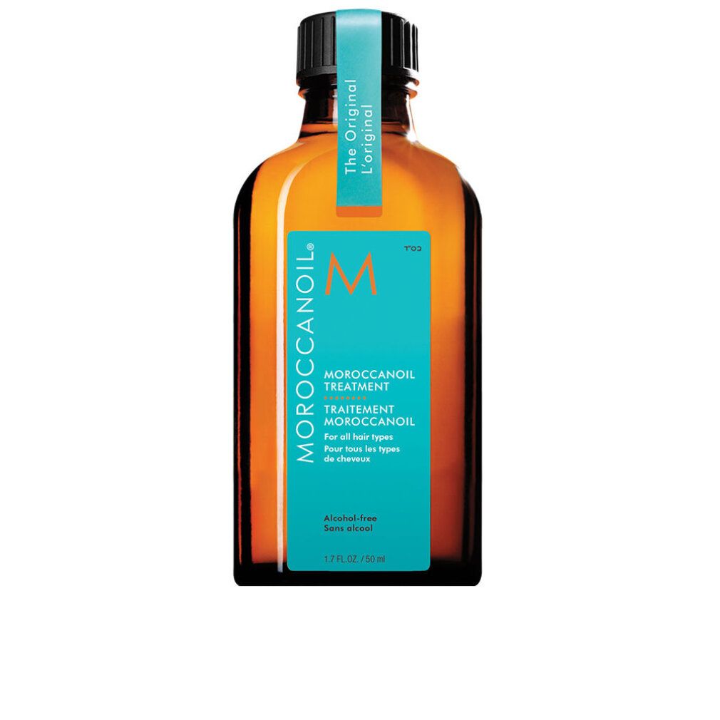 Braune Glasflasche mit türkisfarbenem Etikett, das Moroccanoil Treatment und 'The Original' angibt.