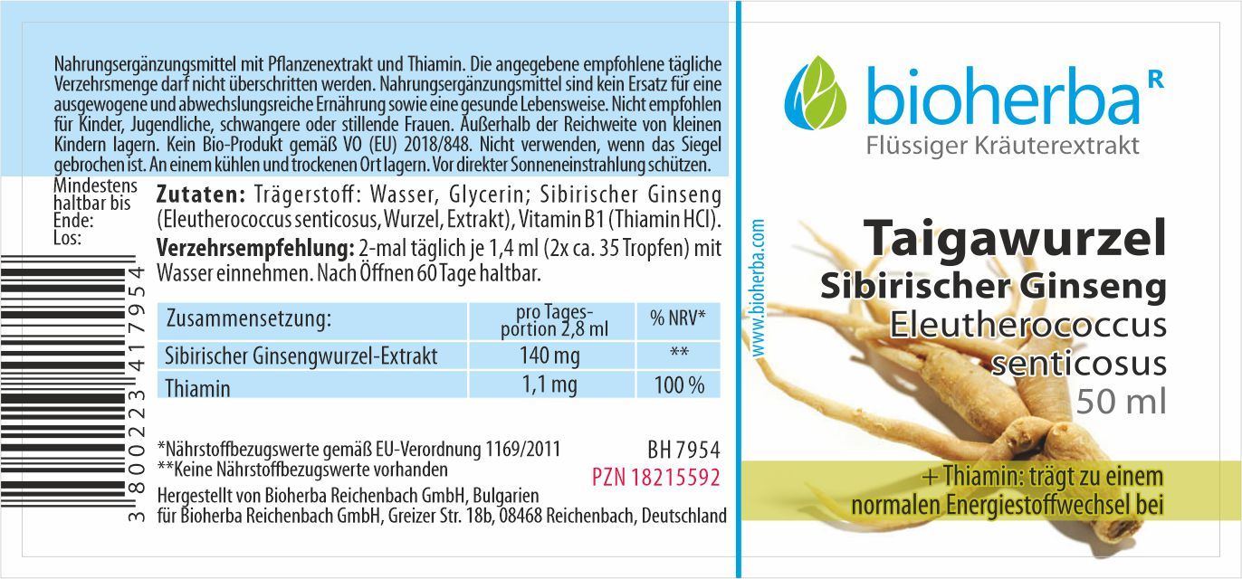 Etikett mit Produktinformationen. Text: Taigawurzel Sibirischer Ginseng. Logo. Inhaltsstoffe und Nährwertangaben. 50 ml.