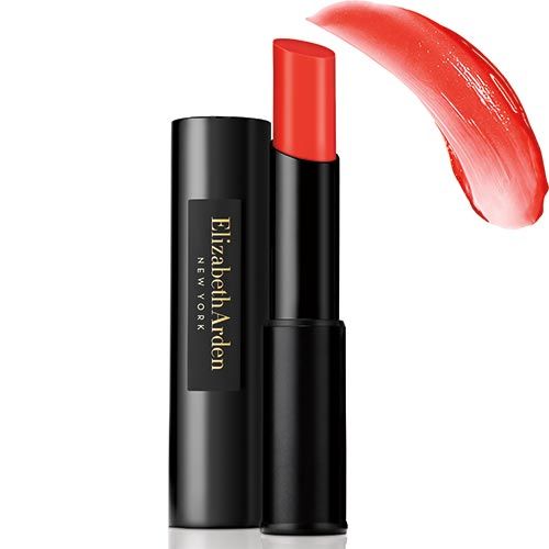 Lippenstift mit schwarzer Hülse und geöffnetem Deckel. Auf dem Lippenstift steht "Elizabeth Arden NEW YORK". Daneben ein Farbabstrich.