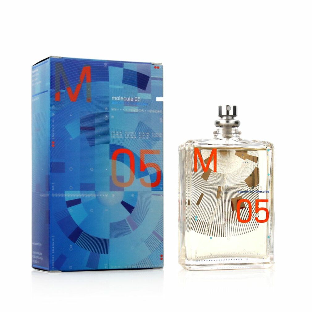 Flakon und Verpackung mit Aufdrucken. Orangefarbene "05" und "M" auf dem Flakon. Blaue Verpackung mit grafischem Muster.