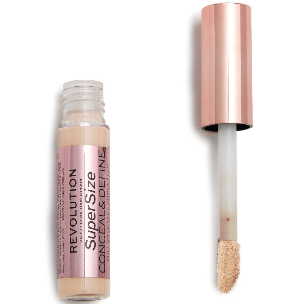 Concealer-Fläschchen mit Applikator. Rosegoldener Deckel, transparente Flasche, Produkt sichtbar.