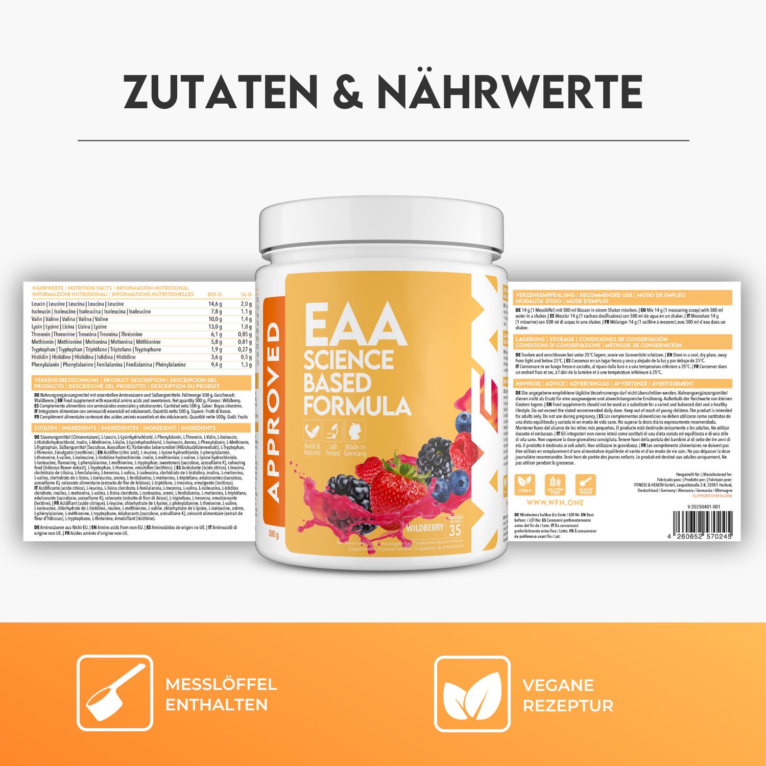 EAA Science Based Formula Behälter mit geöffneten Nährwertangaben. Enthält Messlöffel und vegane Rezeptur.