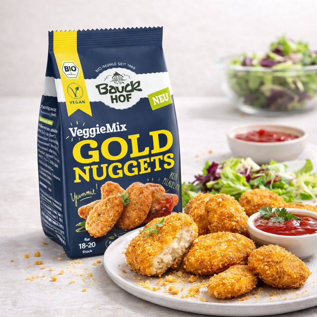Bauckhof VeggieMix Gold Nuggets Packung mit Nuggets und Salat.