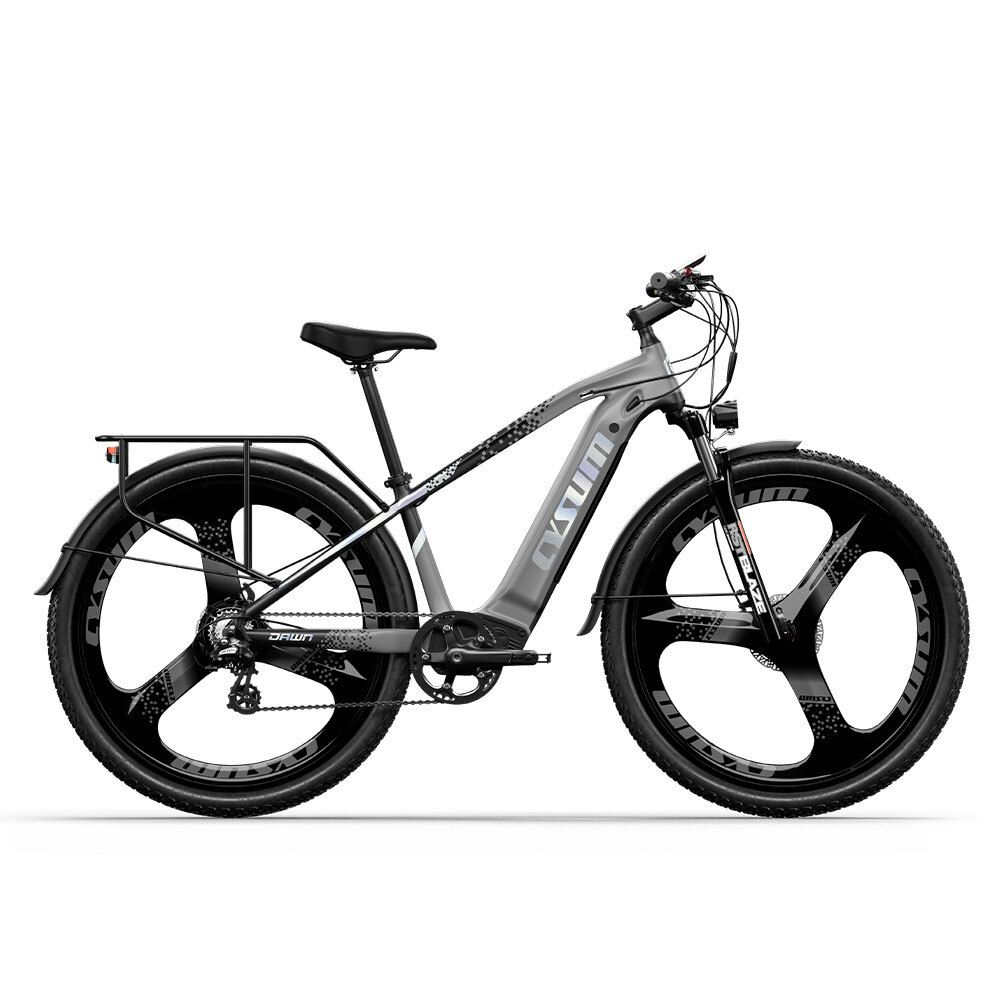 Graues Elektrofahrrad mit schwarzen Rädern. Sichtbar sind das CYSUM-Logo und ein Gepäckträger.