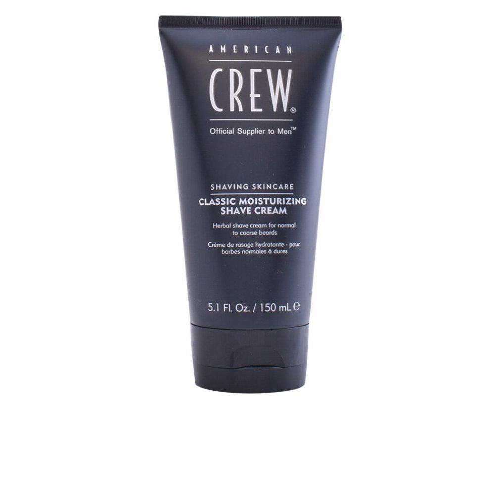 Schwarze Tube mit Aufschrift "AMERICAN CREW. Shaving Skincare Classic Moisturizing Shave Cream". 5.1 Fl. Oz. / 150 ml.