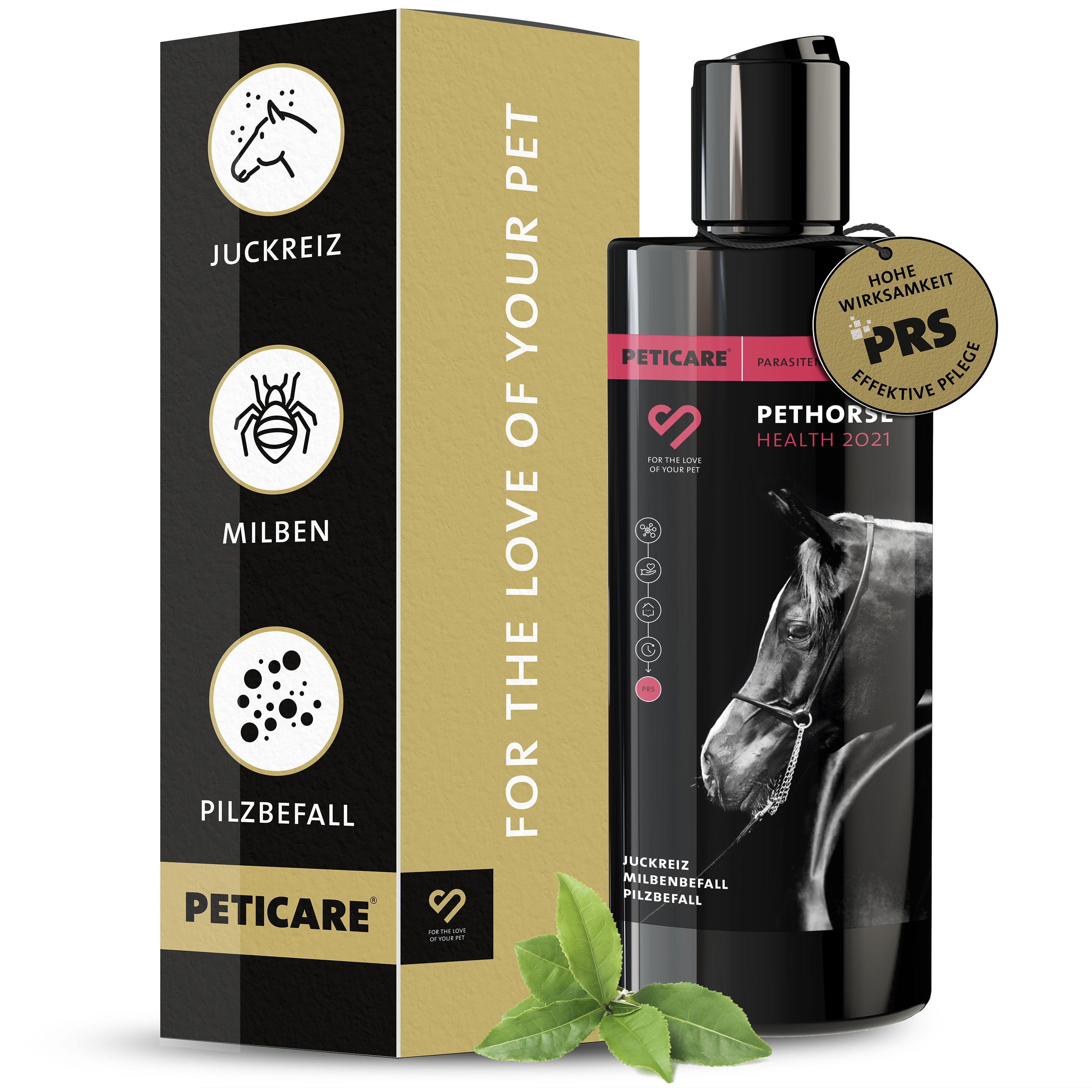 Schwarze Flasche und Verpackung. Text: Juckreiz, Milben, Pilzbefall. Logo: Peticare. Goldfarbenes Siegel.