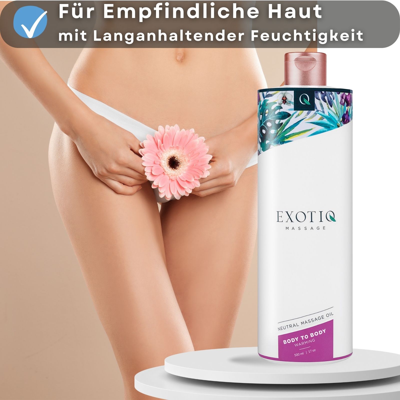Frau mit Blume, Massageöl-Flasche. Text: Body to Body Warming.