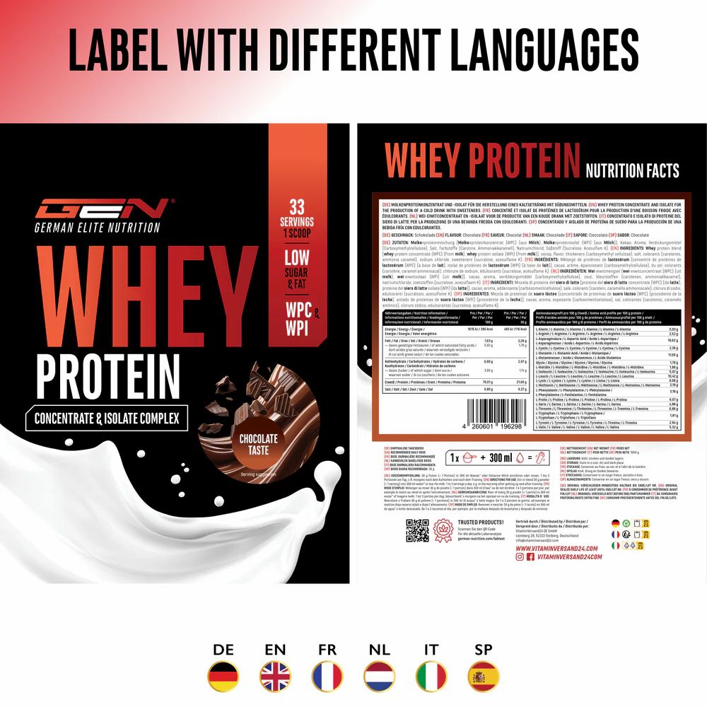 Etikett mit GEN Whey Protein in verschiedenen Sprachen. Enthält Informationen in Deutsch, Englisch, Französisch, Niederländisch, Italienisch und Spanisch.