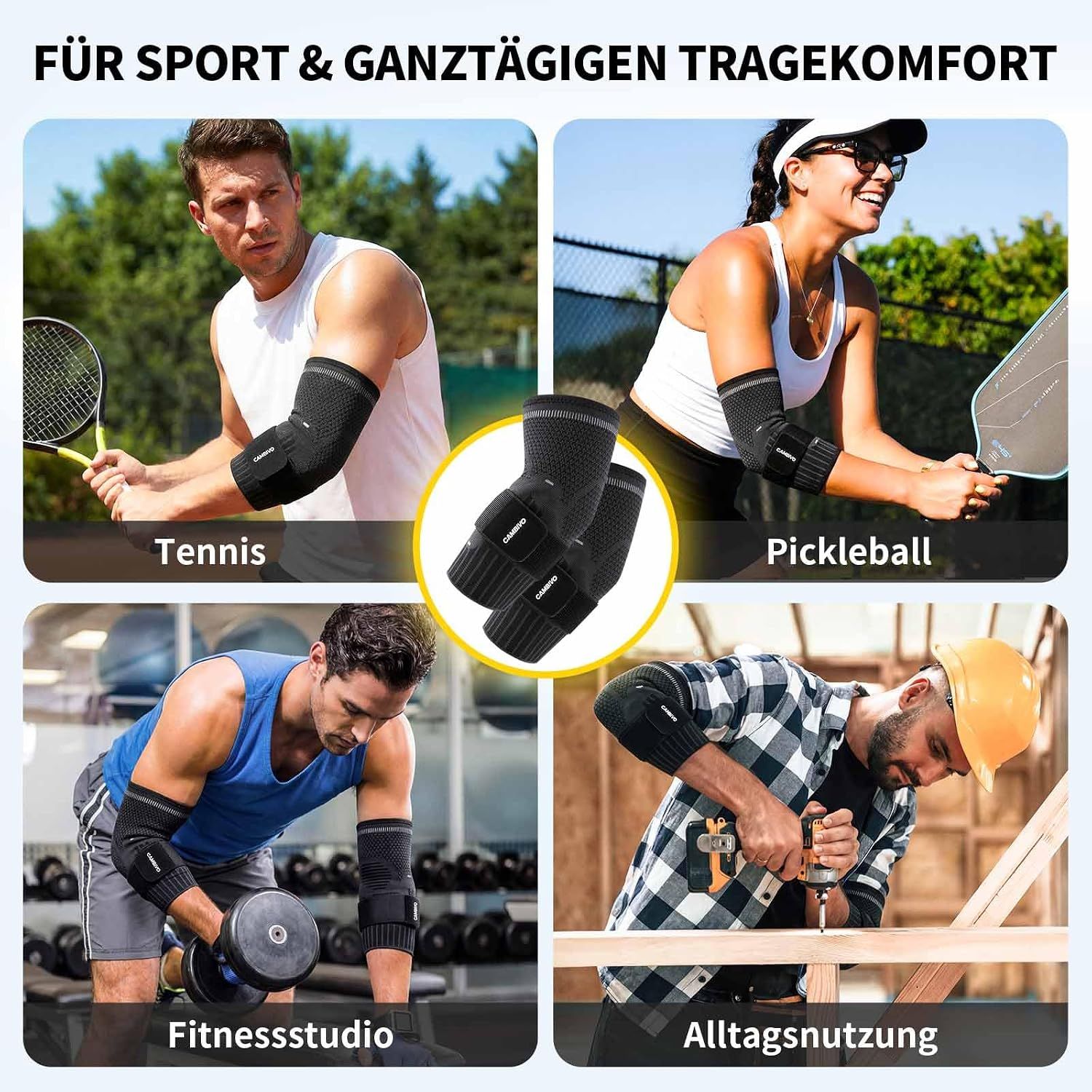 Schwarze Ellenbogenbandage mit Silikonpelotten und dem Markennamen "STÜTZEVO".