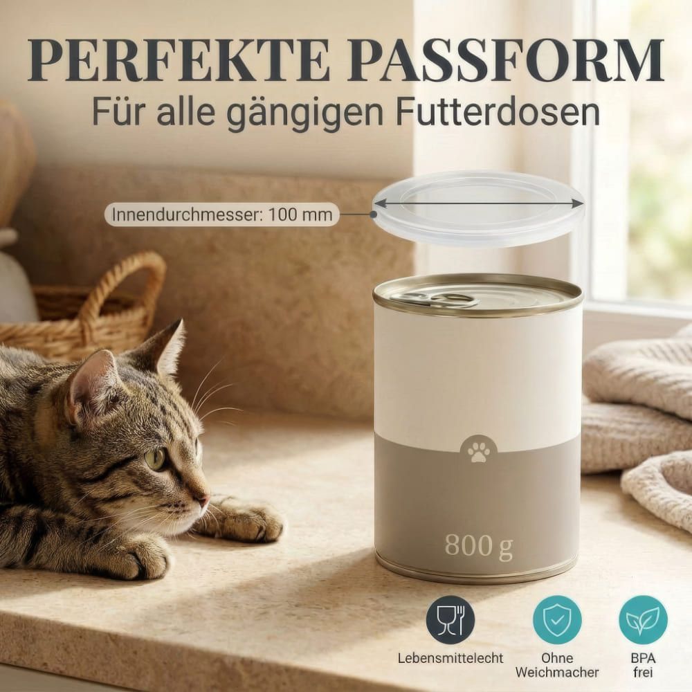 Weißer Deckel auf einer Tierfutterdose. Aufschrift: "800g". Katze im Hintergrund. Innendurchmesser: 100 mm.