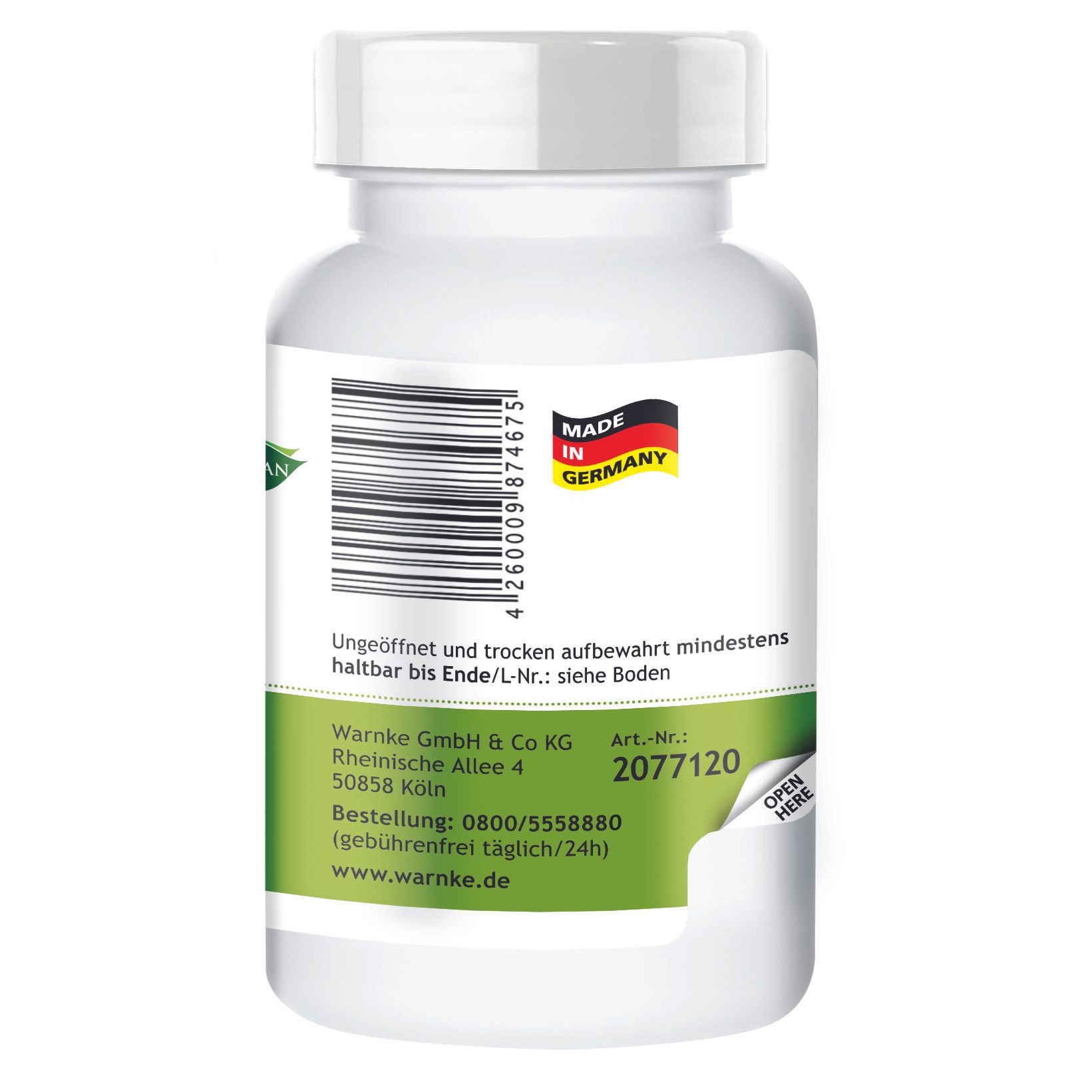 Rückseite der Pillenflasche. Herstellerinformationen, Barcode und Logo Made in Germany. Vegan-Logo. Öffnen hier.