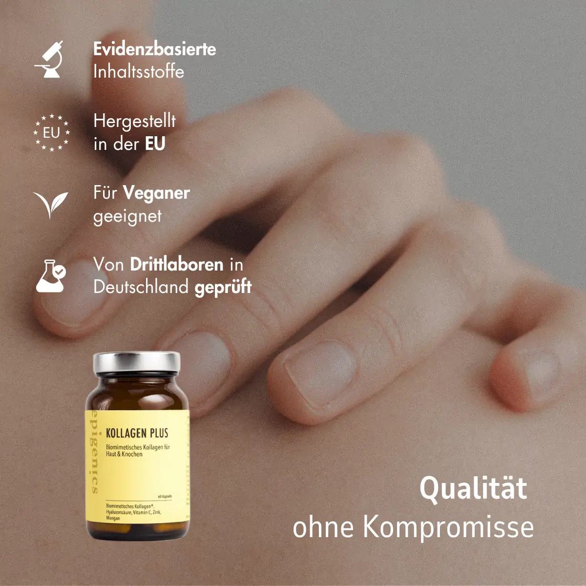 Braune Flasche Kollagen Plus neben Hand. Text: Qualität ohne Kompromisse. Logos: EU, Vegan, Laborgeprüft.