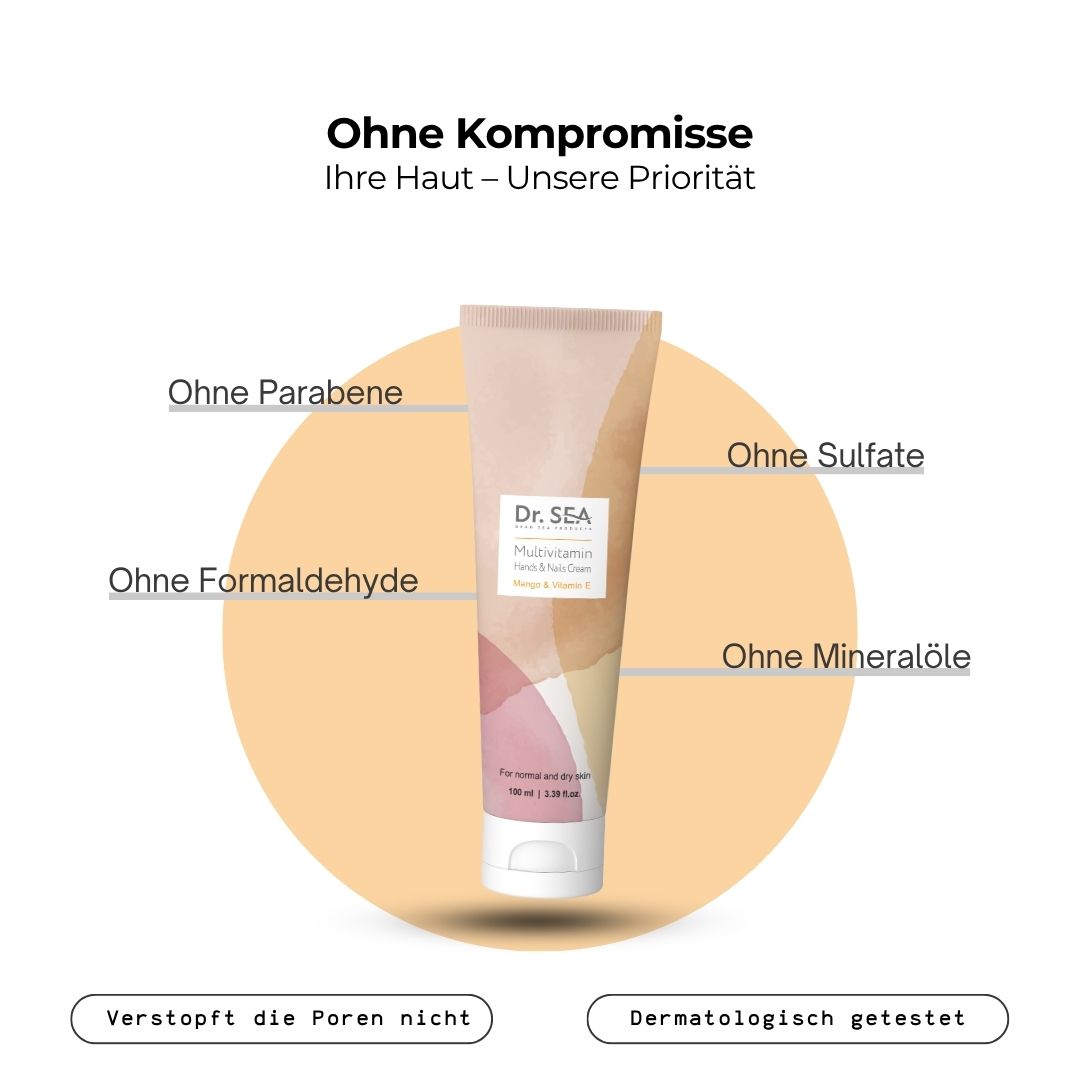 Creme-Tube. Aufschrift: Dr. SEA, Multivitamin, Hands & Nails Cream, Mango & Vitamin E. Text über Inhaltsstoffe: Ohne Parabene, Sulfate, Formaldehyd, Mineralöle.