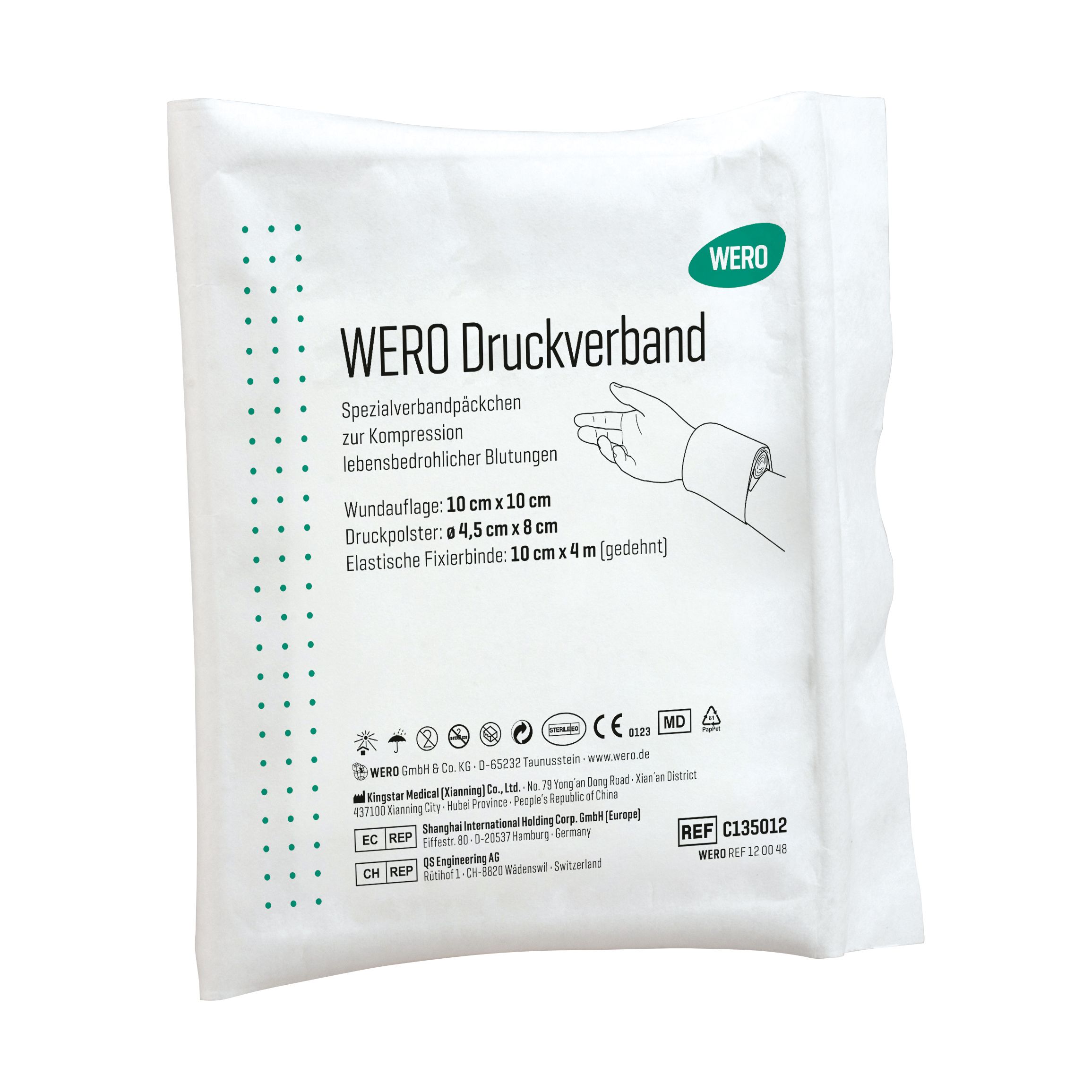 Sterile WERO Druckverband in weißer Verpackung. Produktname und Informationen aufgedruckt. Größenangaben: 10x10cm, 4.5x8cm, 10cmx4m.
