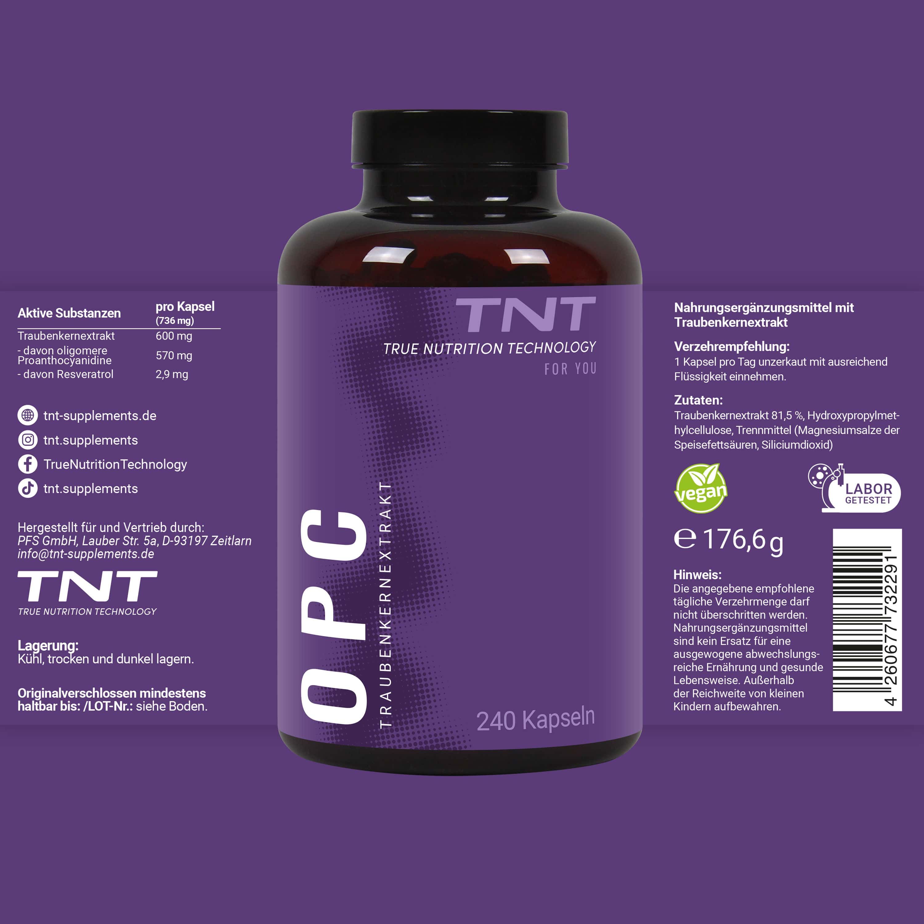 Eine lila Flasche mit der Aufschrift OPC, Traubenkernextrakt und TNT. Auf der Flasche steht auch 240 Kapseln.