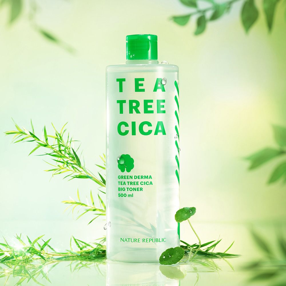 Produktflasche mit grünen Blättern im Hintergrund. Aufschrift: TEA TREE CICA, GREEN DERMA, BIG TONER. Marke: NATURE REPUBLIC.