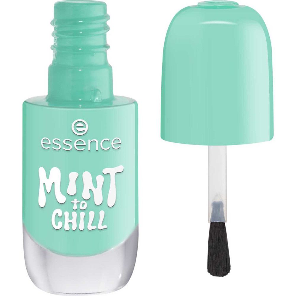 Nagellackflasche, türkis, mit geöffnetem Deckel und Pinsel. Aufschrift "essence MINT to CHILL".