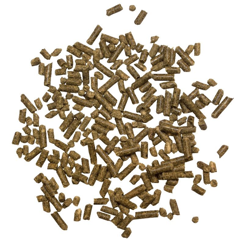 Haufen von zylindrischen, braunen Pellets. Einzelne Pellets sind sichtbar.