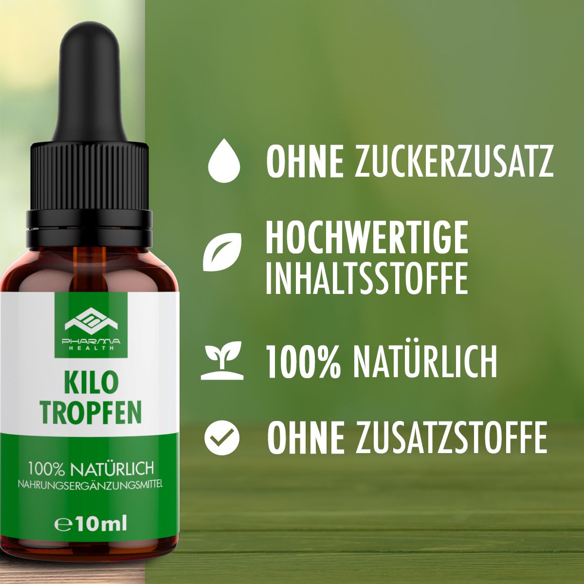 Braune Flasche mit Pipette. Etikett mit Text KILO TROPFEN. Text: Ohne Zuckerzusatz, hochwertige Inhaltsstoffe, 100% natürlich.