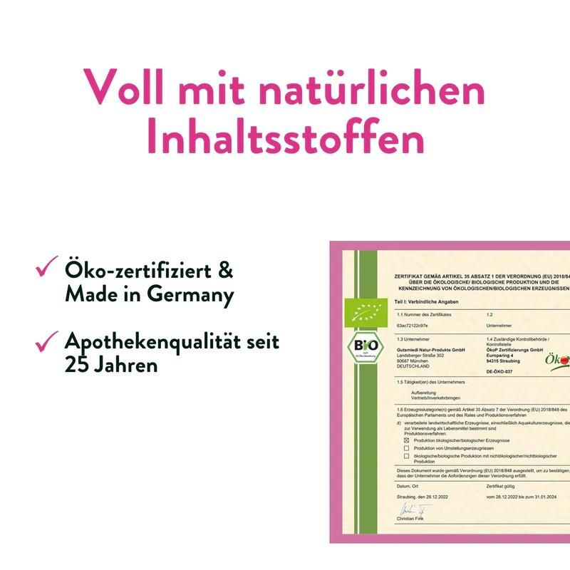 Text: Voll mit natürlichen Inhaltsstoffen. Öko-zertifiziert & Made in Germany. Apothekenqualität seit 25 Jahren.