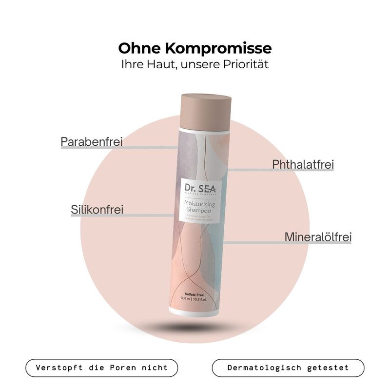 Shampoo-Flasche mit Text: Parabenfrei, Silikonfrei, Phthalatfrei, Mineralölfrei. Dermatologisch getestet. Produktname sichtbar.