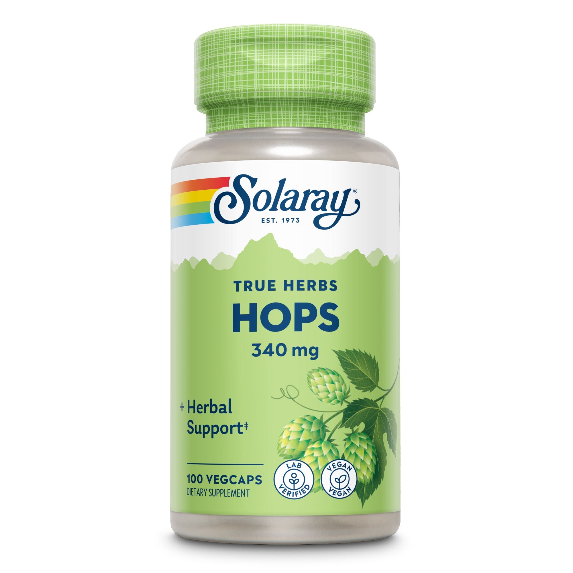Solaray Hopfen-Kapseln, 340 mg, in einer Flasche. Aufschrift: True Herbs Hops. Grün-weiße Verpackung mit Logo und Hopfen-Illustration. 100 Vegcaps.