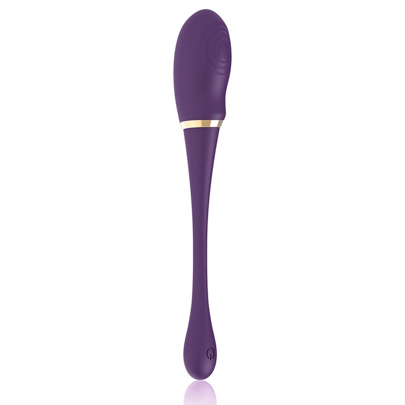 Lila Vibrator mit goldfarbenem Ring. Tropfenförmige Basis. Abgerundete Form.