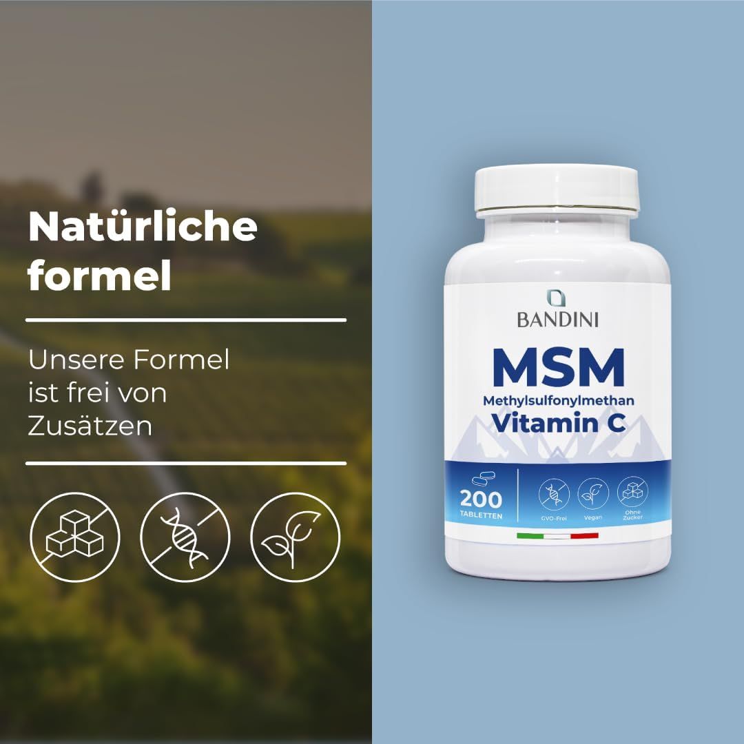 Weiße Tablettenflasche mit blauem Etikett. Aufschrift: Bandini MSM Vitamin C. 200 Tabletten. Natürliche Formel. Frei von Zusätzen.