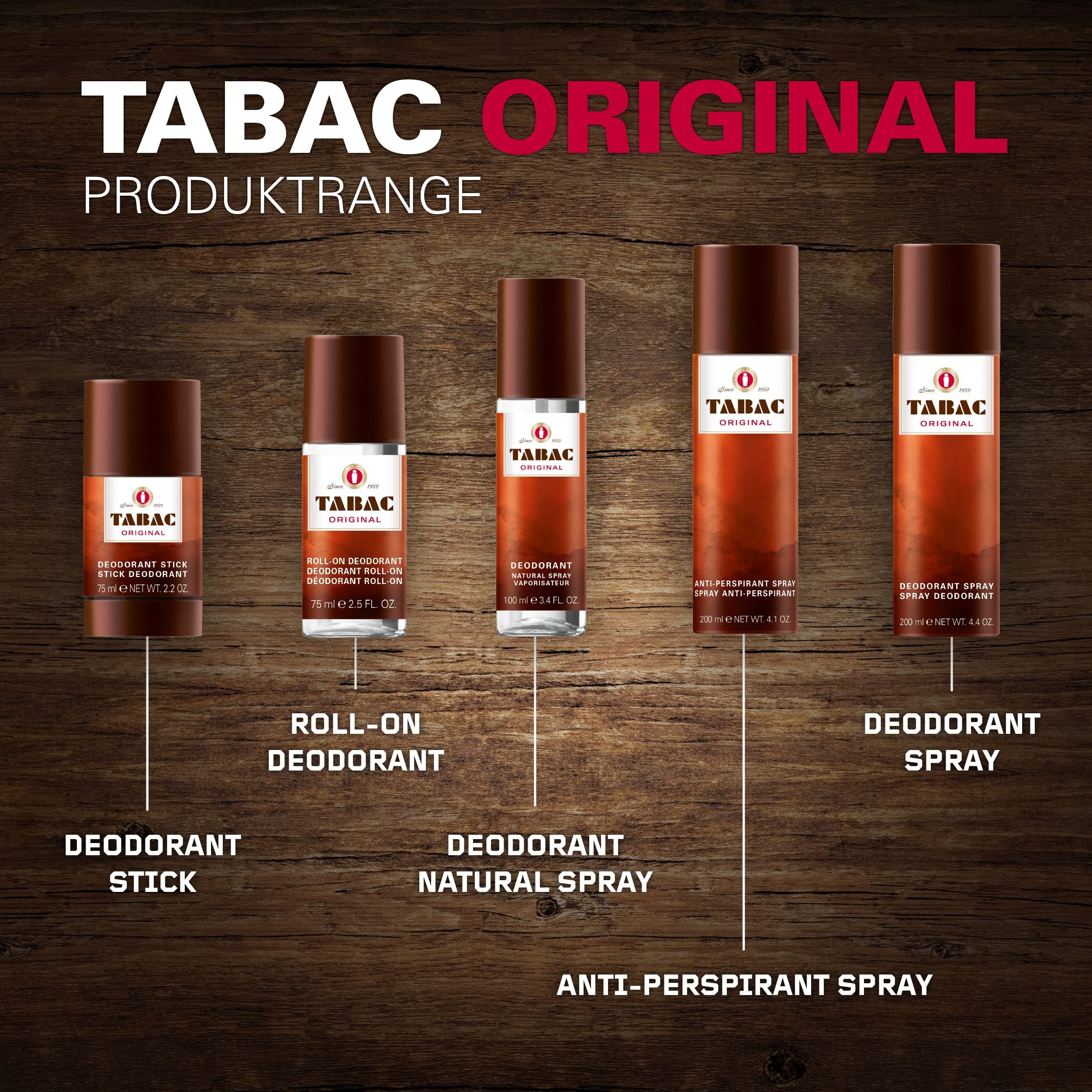 Produktübersicht. Fünf Produkte: Deodorant Stick, Roll-on, Natural Spray, Anti-Perspirant Spray, Deodorant Spray. Text: Tabac Original.