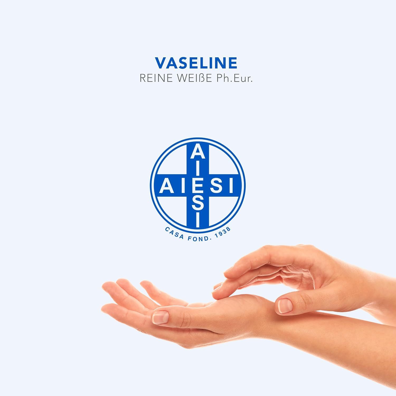 Zwei Hände öffnen sich, um Vaseline zu empfangen. Logo von Aiesi.