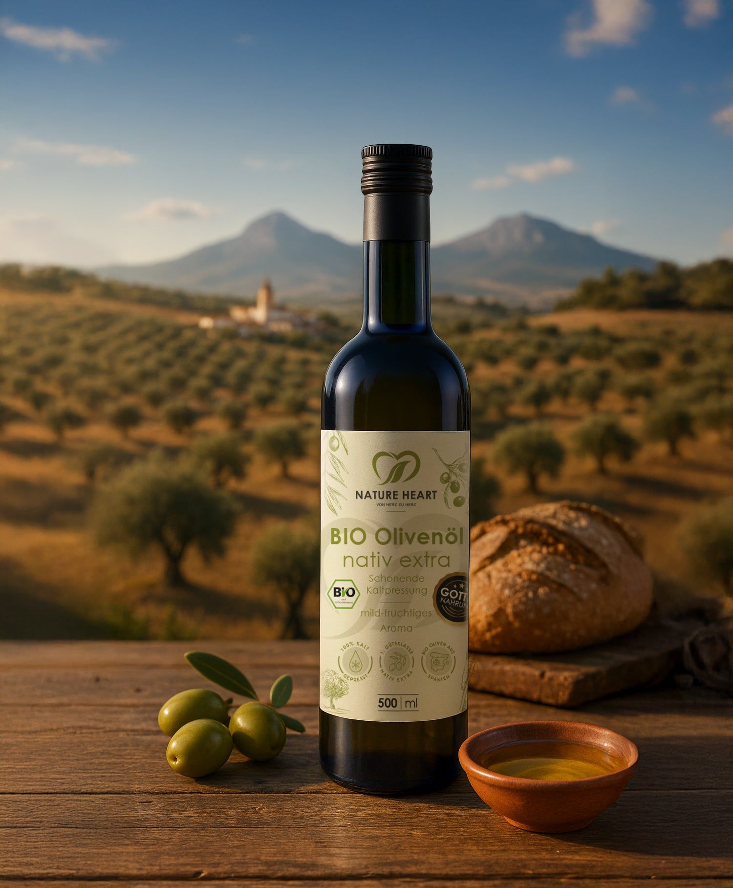 Olivenölflasche auf Holz. Oliven, Schale mit Öl, Brot. Hintergrund: Olivenhain, Berge, blauer Himmel.