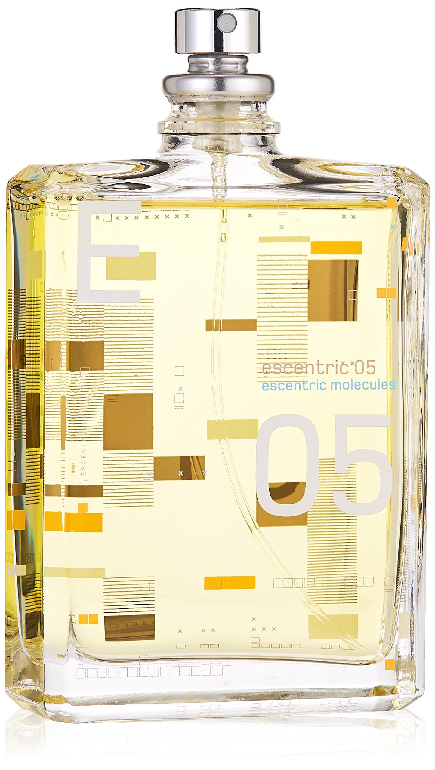 Quadratische Glasflasche mit gelblicher Flüssigkeit. Aufdrucke: "Escentric 05", "Escentric Molecules", "05". Silberner Sprühkopf.