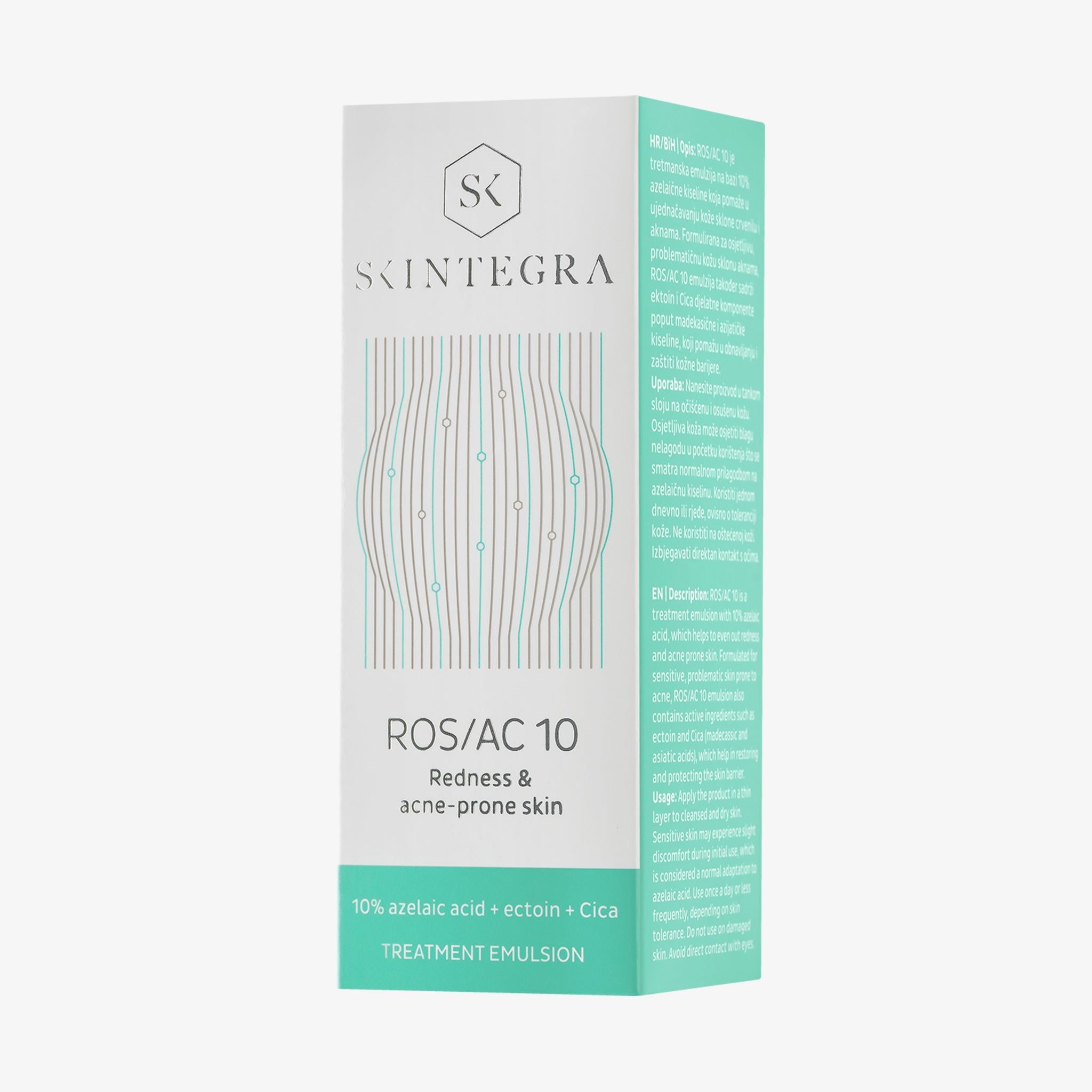Verpackung mit grünem Design. Aufschrift: Skintegra, ROS/AC 10, Redness & acne-prone skin. Text: 10% azelaic acid + ectoin + Cica.